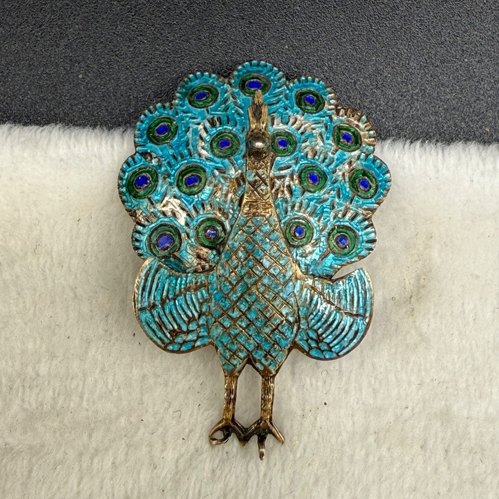 Vintage Siam Sterling Peacock Brooch Gold Tone Enamel Hinged Tail